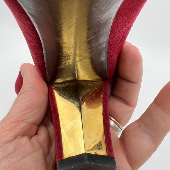 Stuart Weitzman Red Velvet Floral Block Heel Pumps Size 6 1/2 Career Workwear - Picture 10 of 12